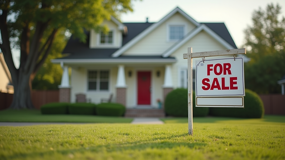 Eye-level view of a suburban house with a "For Sale" sign in the front yard