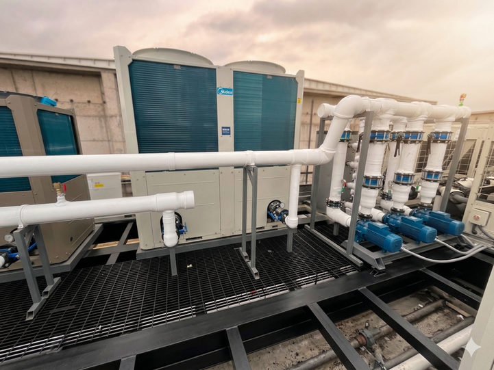 Estructura base para el montaje y puesta en marcha de equipos Chillers de climatización industrial instalados por Airsens en dependencias de Chilevisión.