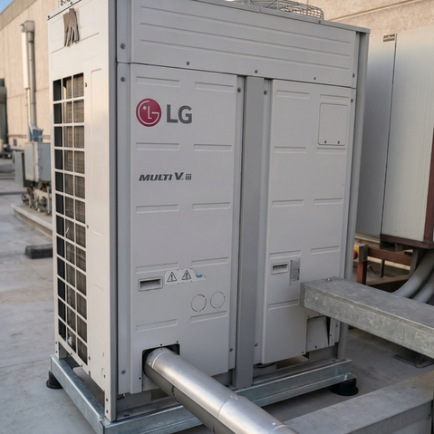 Especialistas de Airsens realizando servicio de reparación y mantenimiento de sistema de aire acondicionado comercial VRV LG en local Margo, mall Parque Arauco, Santiago.