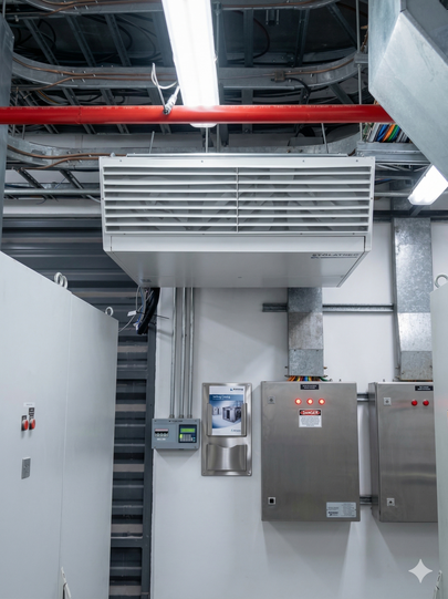 Técnicos especialistas de Airsens realizando montaje mecánico y eléctrico de equipo HVAC Etratech en planta industrial Agrosuper Lo Miranda, Chile