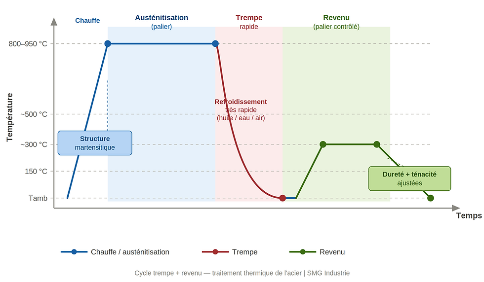Schéma du cycle thermique trempe et revenu pour visserie haute résistance — traitement thermique acier SMG Industrie