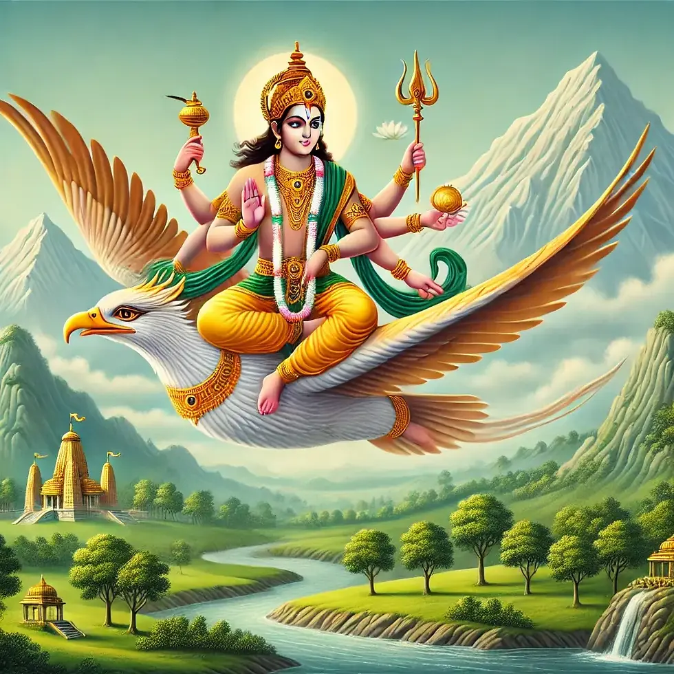 An AI generated image of Lord Vishnu riding Garuda in Uttarakhand