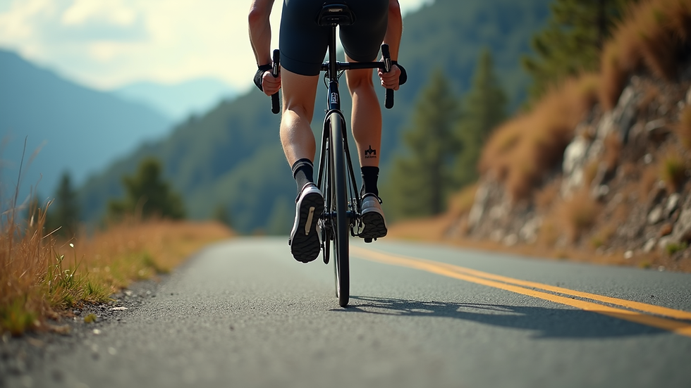 Close-up view of a cyclist’s legs pedalling uphill on a mountain road
