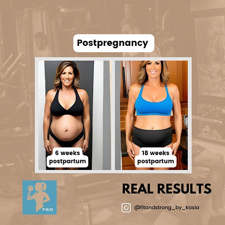 Presenting the amazing transformation of a woman post-pregnancy, thanks to individual training and support from personal trainer Kasia. The picture shows a comparison of her progress 6 and 18 weeks after childbirth. During this time, thanks to personalized workouts and a proper diet, she regained her shape, strength, and self-confidence. You can achieve such results too!