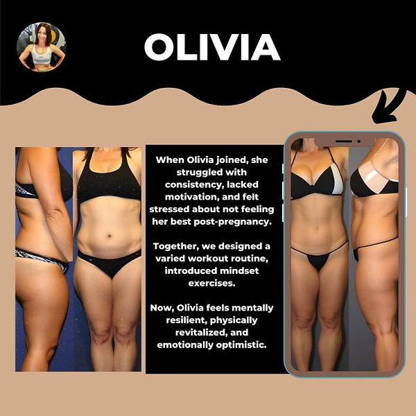Image describes Olivia’s transformation after joining a training program. Initially, Olivia struggled with consistency, lacke