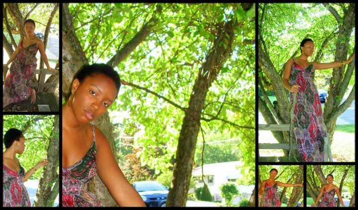a collage of photos. 16 year old Anjuli in a boho dress sits in a tree striking various poses.