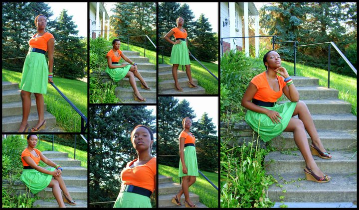 a photo collage. 16 year old Anjuli wears an orange top with a bright green skirt and wedges. she strikes various poses to invoke confidence.