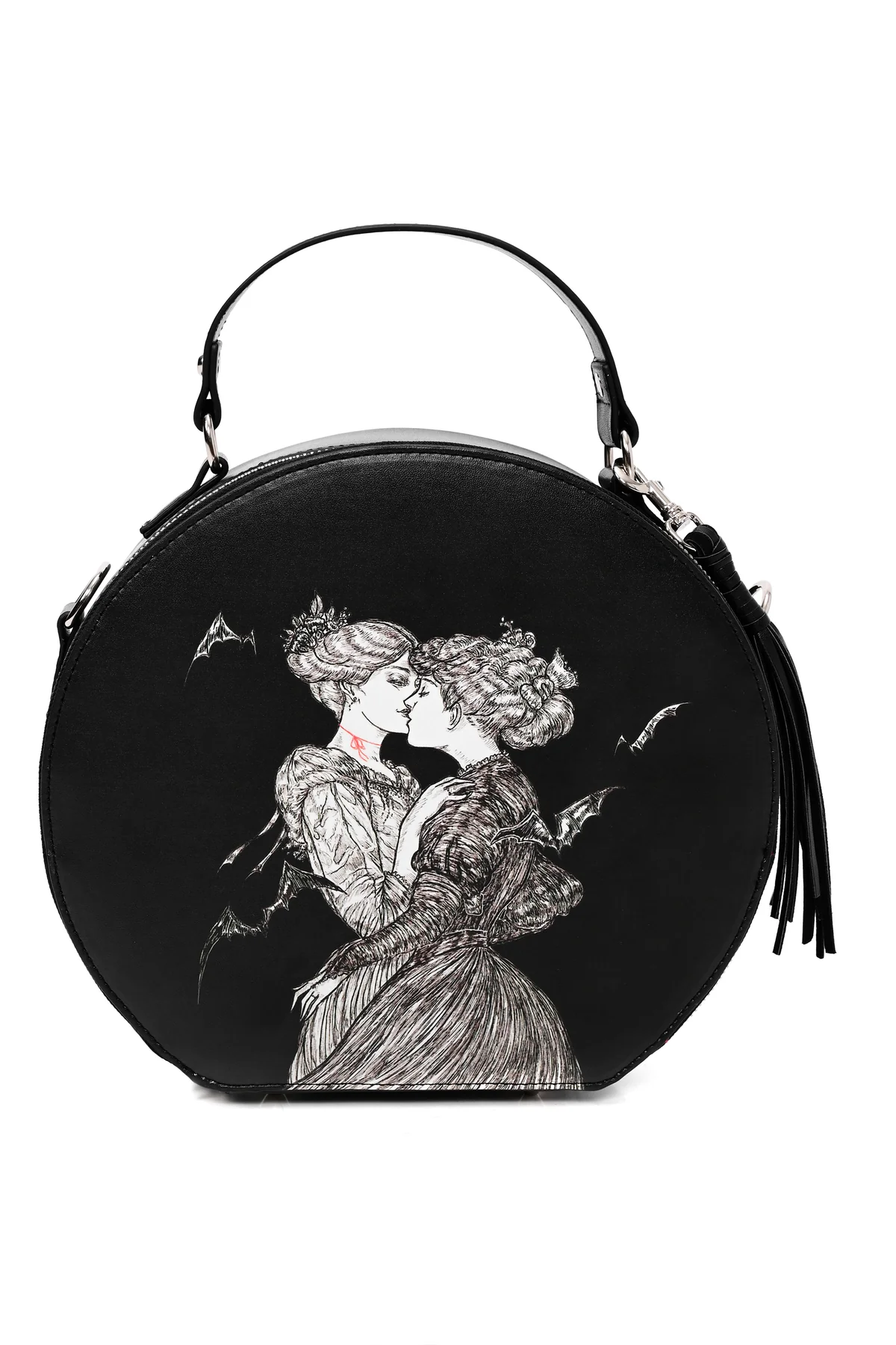 a vintage inspired circle shaped purse with two women drawn on the front in white kissing