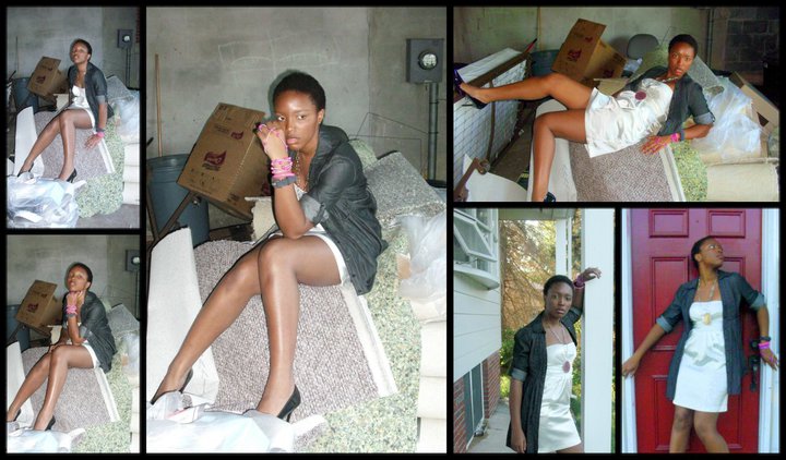 a photo collage. 16 year old Anjuli wears a white dress with a denim shirt over top and black heels. her legs are extra moisturized. she strikes various poses on rubble in her garage and in front of her childhood home door.