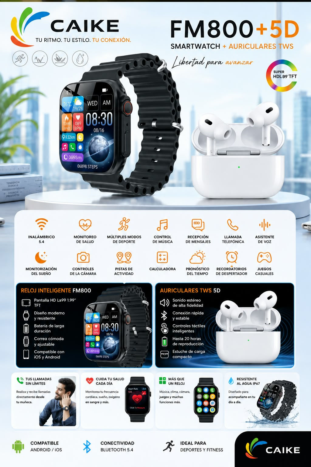 Smartwatch FM800 + Audífonos Inalámbricos 5D
