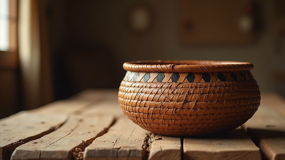 Eye-level view of a traditional Cherokee basket on a wooden table