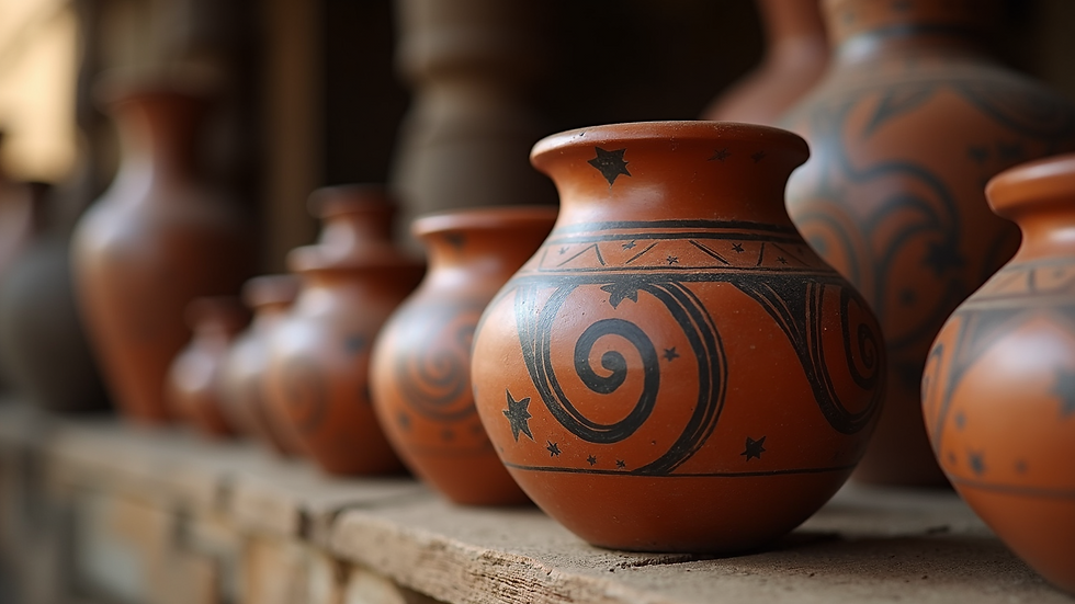 Close-up view of a traditional Cherokee pottery with spiral and star symbols