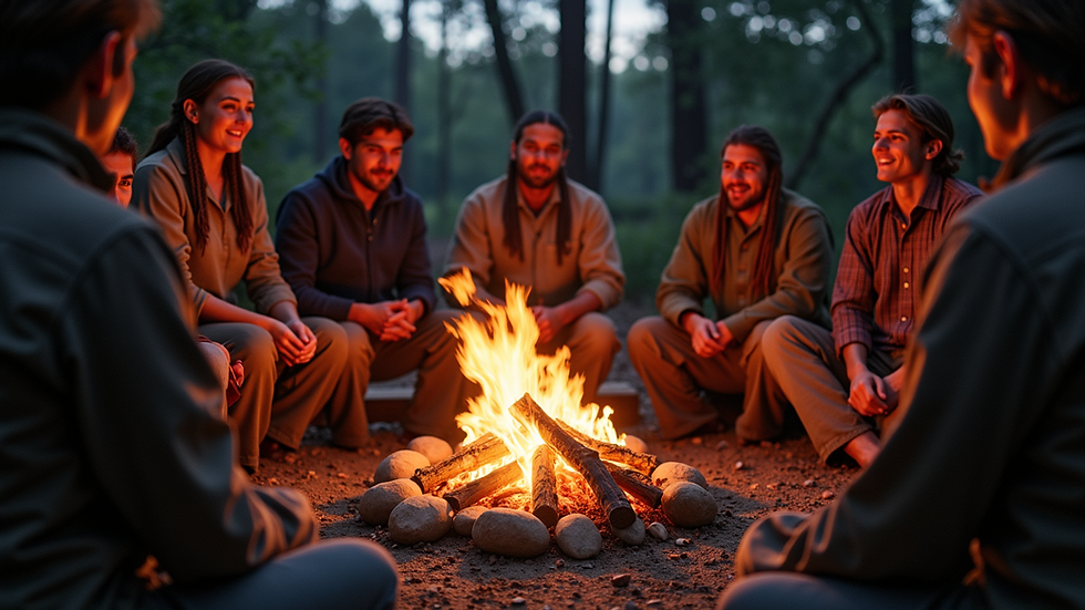 Eye-level view of a traditional Native American storytelling gathering around a fire
