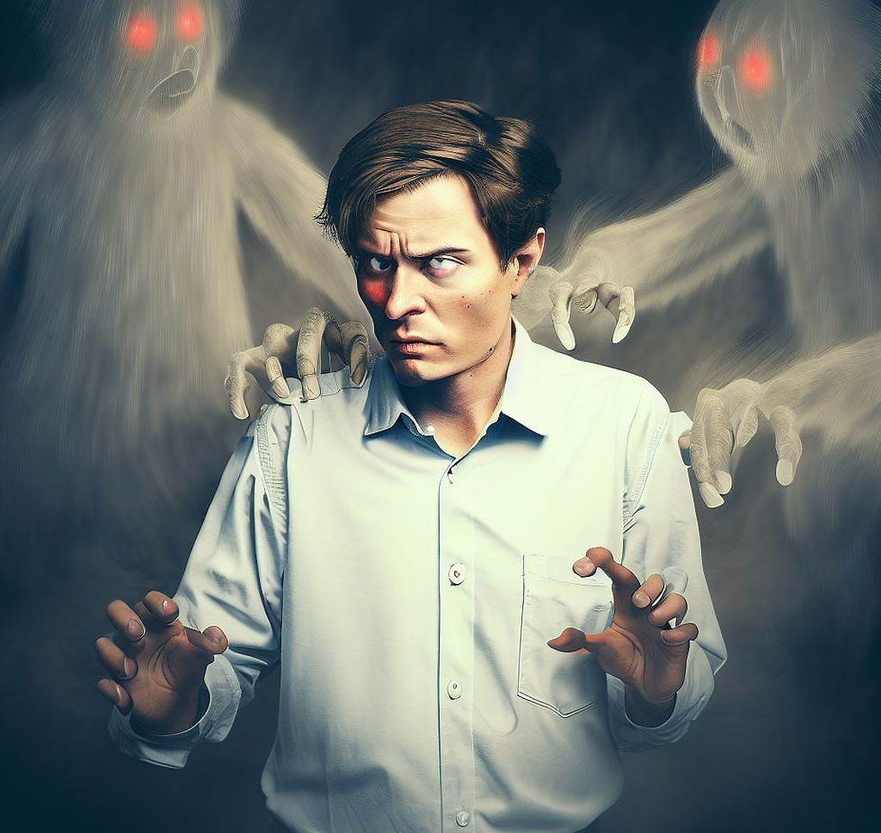 O cientista Noah, com seu braço esquerdo possuído, enfrentando fantasmas infantis com olhos vermelhos que o cercam, enquanto ele luta para manter o controle de sua própria mente e corpo.