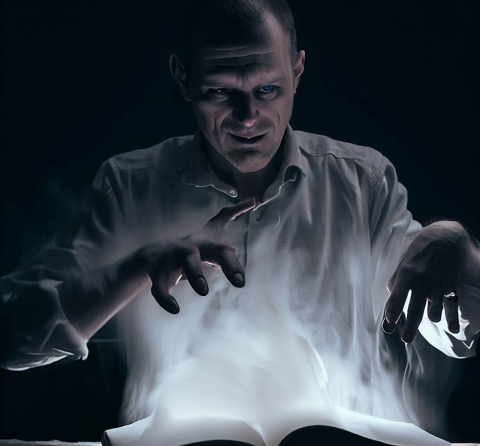 Na imagem, vemos um grupo de aventureiros reunidos no salão central de uma mansão obscura. À frente deles, uma estátua sinistra representa um monge segurando um livro e uma foice, emanando uma aura misteriosa e ameaçadora. A luz fraca das velas revela expressões tensas e olhares determinados em seus rostos, enquanto eles se preparam para confrontar uma entidade cósmica aterrorizante que se ergue das sombras. A atmosfera é carregada de tensão, mistério e medo, com o cenário em constante transformação, refletindo as forças sobrenaturais que os cercam.