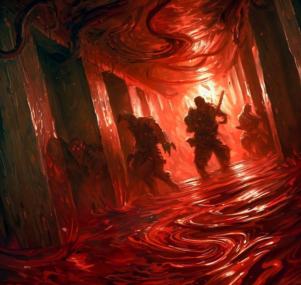 O sangue subindo vertiginosamente, quase sufocando os aventureiros em um corredor encharcado, suas expressões de medo e agonia refletindo a tensão crescente.
