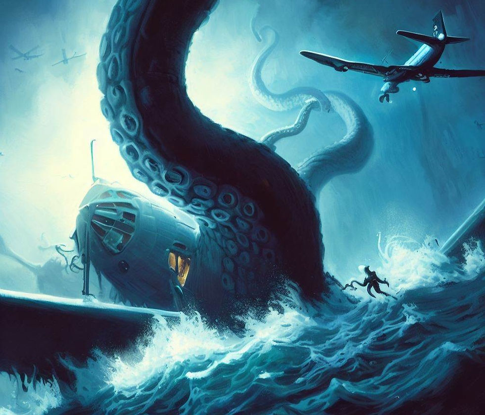 O tentáculo gigante emergindo das profundezas enquanto o avião parte em dois, deixando os aventureiros em uma situação desesperadora, lutando para sobreviver à queda.