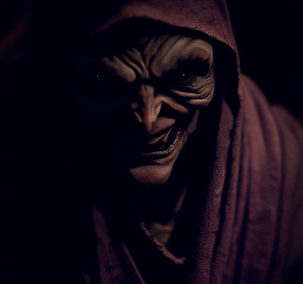 Uma figura sinistra, vestida com vestes roxas e um sorriso sombrio, emerge das sombras, olhando fixamente com seus olhos perturbados.