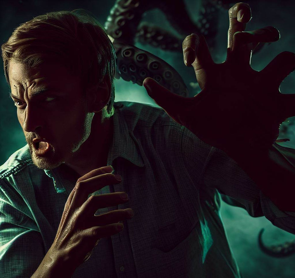 Jones luta desesperadamente contra sua própria mão, que parece estar sob o controle de uma força maligna, enquanto a escuridão do Cthulhu o envolve.