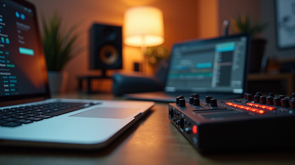Eye-level view of a home studio setup with a laptop and audio interface