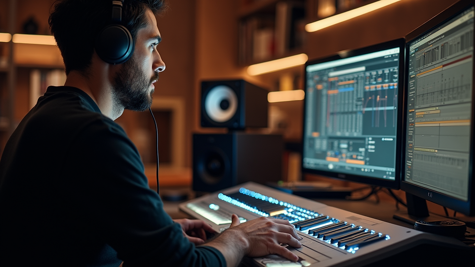 Close-up view of a film composer working on a digital audio workstation
