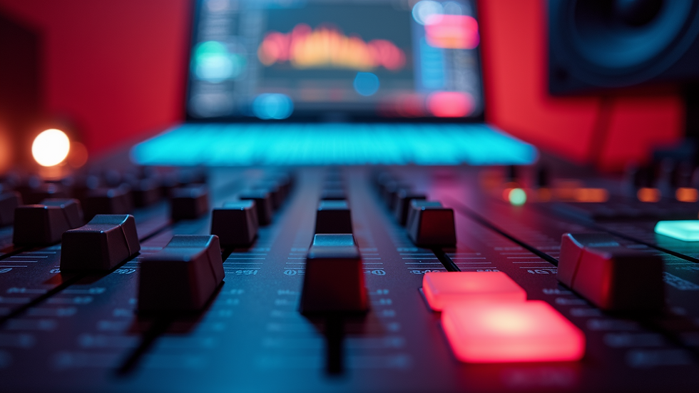 Eye-level view of a sound mixing console with colorful lights