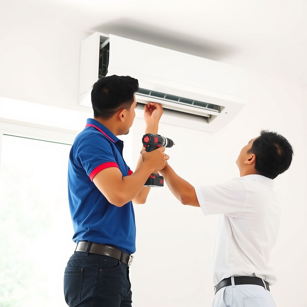 Two Asian aircon technicians, one with short black hair and wearing a blue work shirt, the