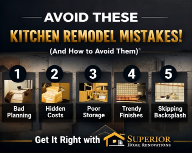 “Kitchen remodel mistakes graphic showing a kitchen renovation in progress with exposed framing, listing budgeting, storage, backsplash, and electrical planning errors by Superior Home Renovations.”