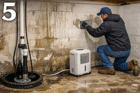 Basement moisture repair and waterproofing in a Michigan home with sump pump and wall sealing during winter