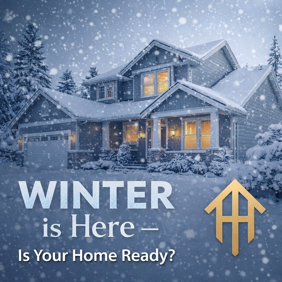Snow-covered Michigan home in winter with text “Winter Is Here – Is Your Home Ready?” highlighting seasonal home maintenance and remodeling preparation