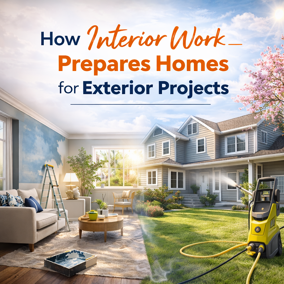 Cozy interior blends into a sunny house exterior with flowers, ladder, and power washer. Text reads: How Interior Work Prepares Homes.