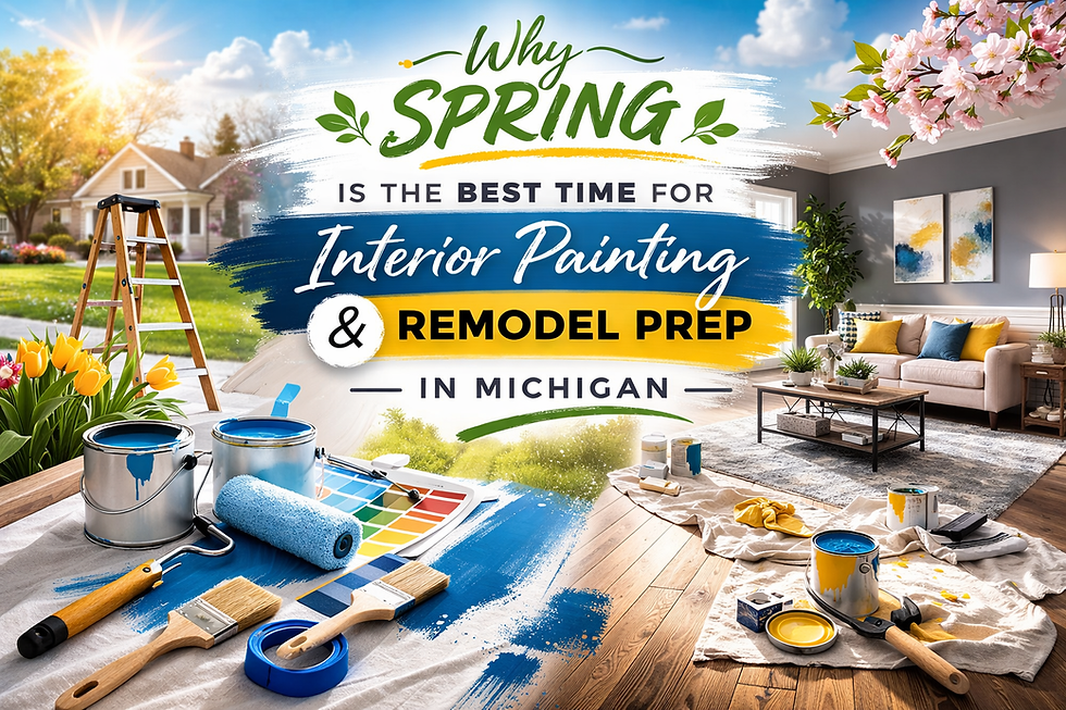 Spring-themed image promoting interior painting in Michigan. Shows a living room, painting tools, and vibrant spring scenery.