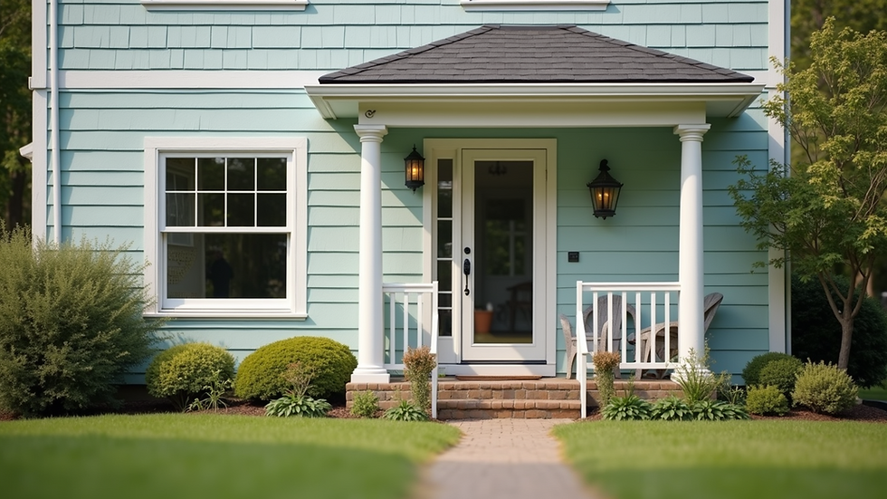 Close-up view of a home exterior with fresh paint and new windows