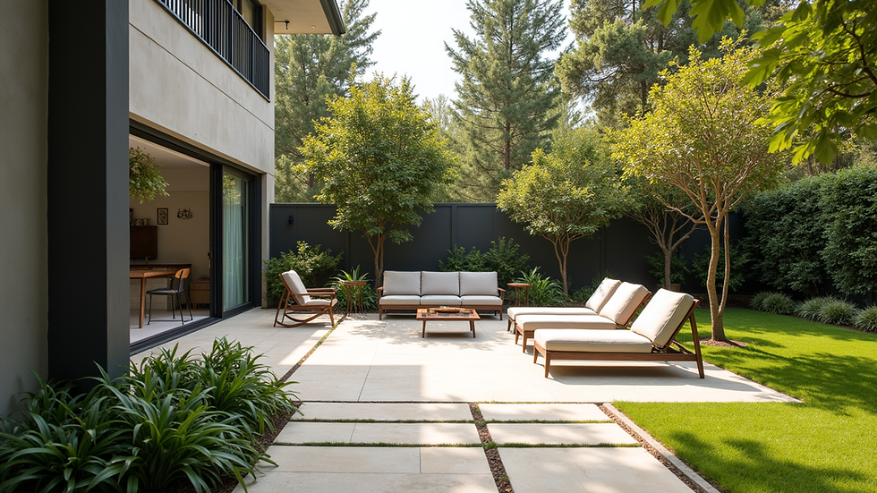 Wide angle view of a backyard patio with seating and landscaping