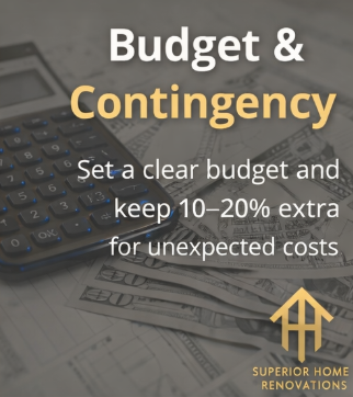 Bathroom remodel planning graphic highlighting budget and contingency considerations for homeowners before starting a bathroom renovation.