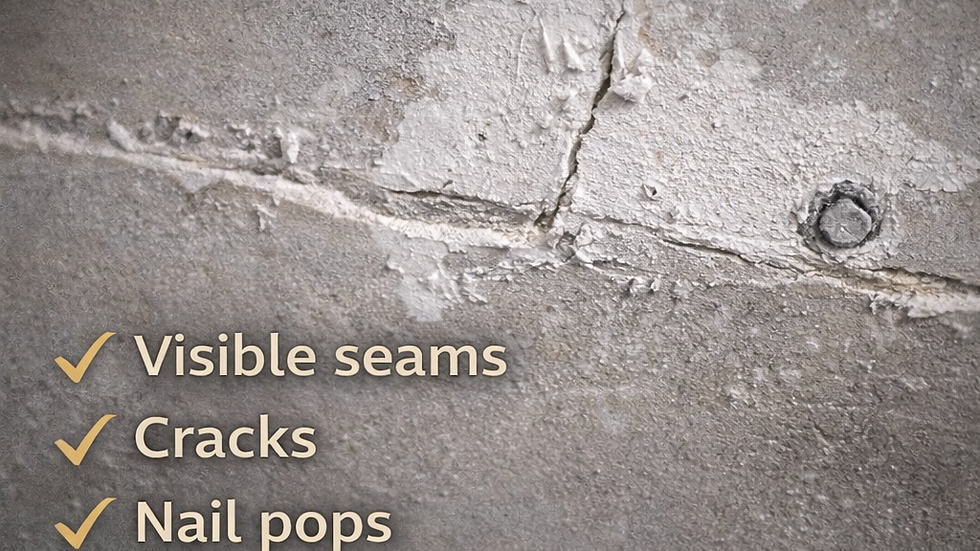 Close-up of cracked, uneven drywall with visible seams and nail pops caused by poor drywall installation and finishing.