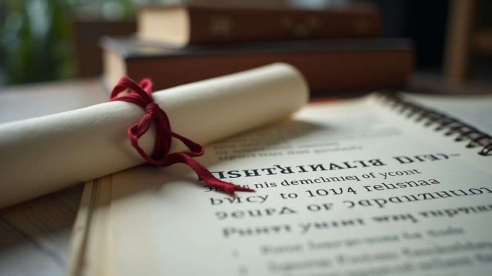Close-up view of a university diploma and regulatory affairs textbooks