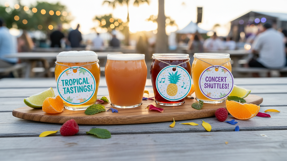 Close-up view of a flight of craft beers on a wooden table