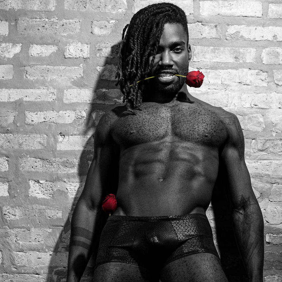 Thumbnail: model posing against brick wall with rose wearing black cobra snake mini short sleek modern underwear