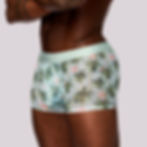 Male Model wearing turquoise sheer boxer shorts with flamingos side view