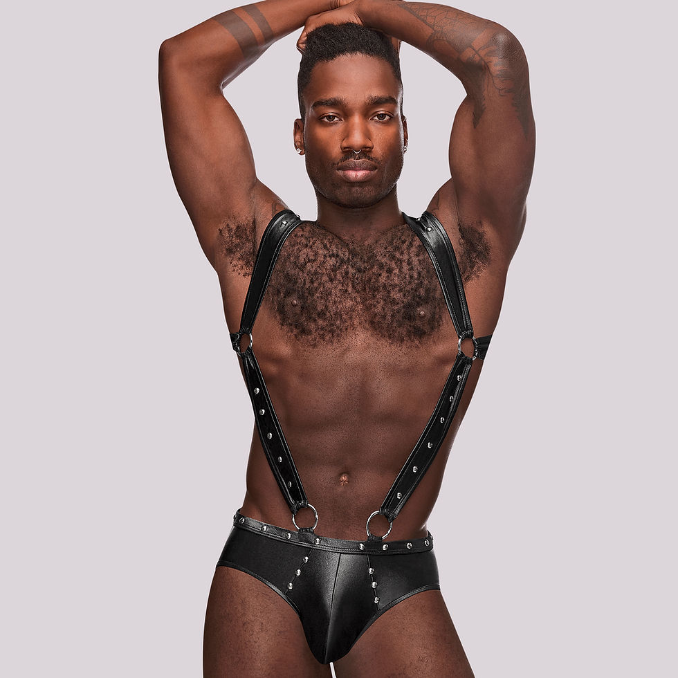 Thumbnail: faux leather body harness with metal details and backless underwear front view