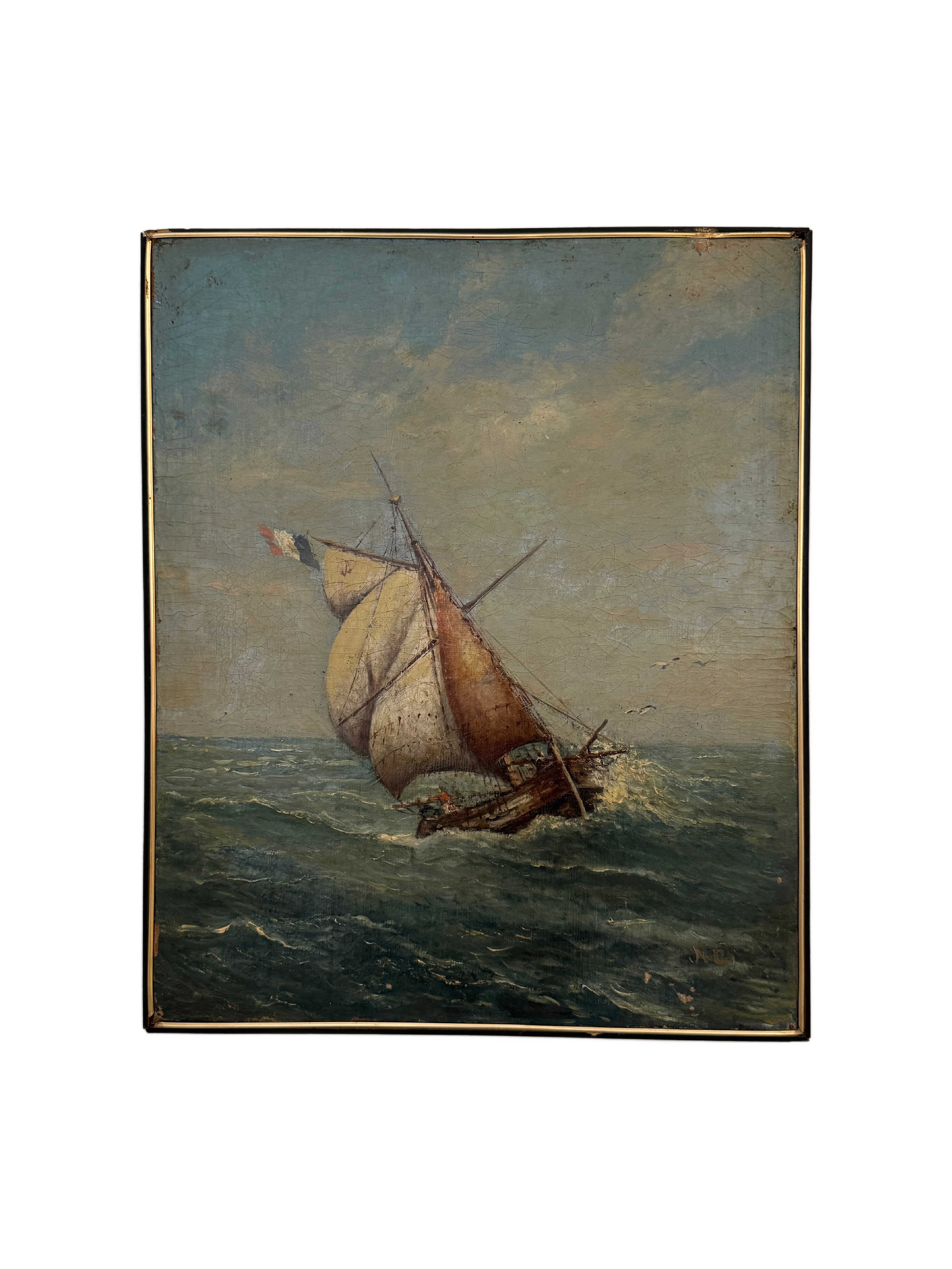 Antique French oil painting of sailboat in stormy sea, framed