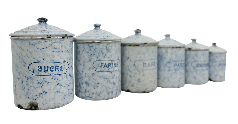 Antique French enamel canisters labeled Sucre, Farine, Café, Pâtes, Chicorée, Poivre
