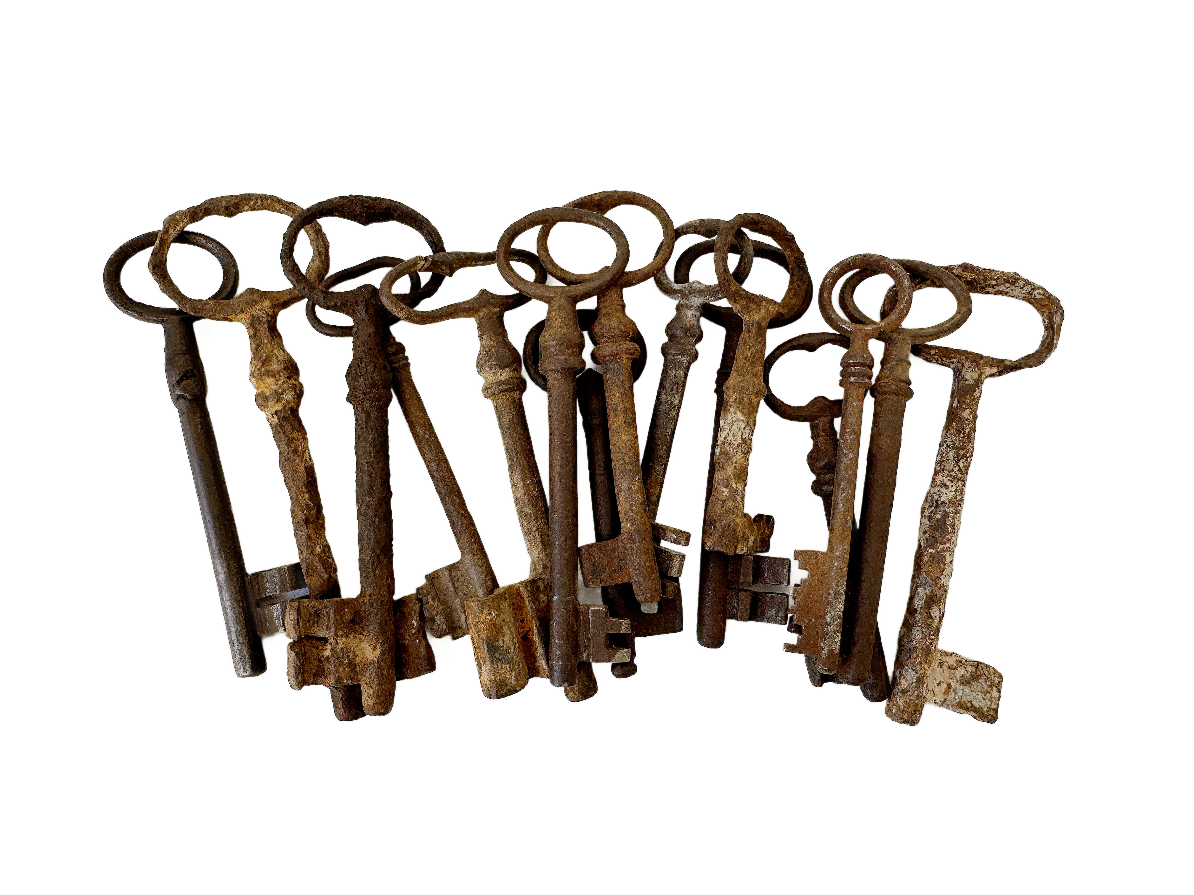Set of 15 loose antique iron skeleton keys from France laid out in rows