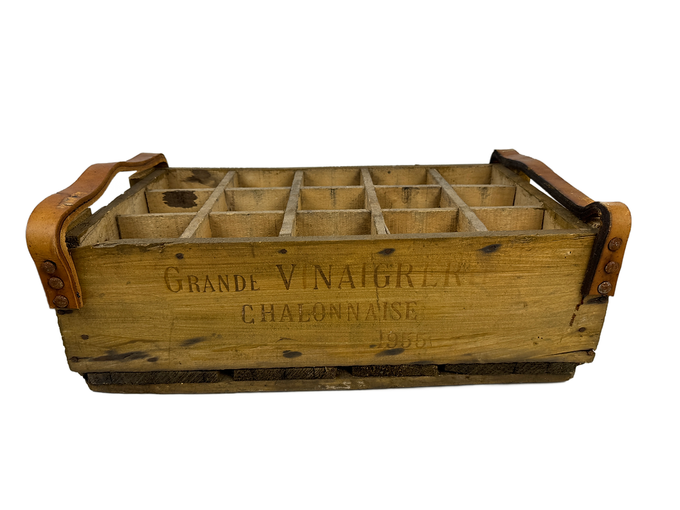 Front view of 1955 French vinegar crate with leather handles and 15 interior bottle compartments