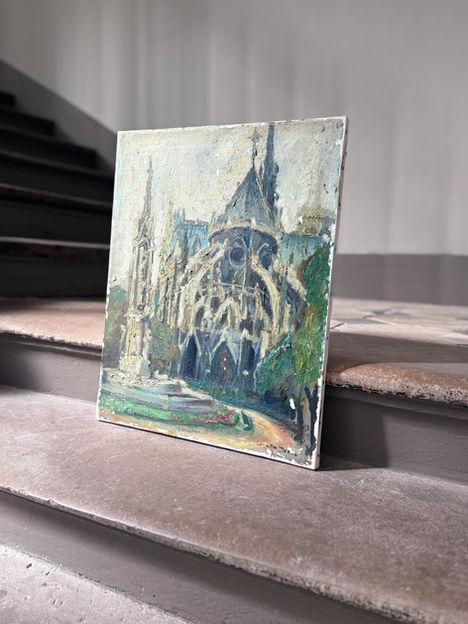 Expressionist oil painting of a Gothic cathedral with textured brushwork.