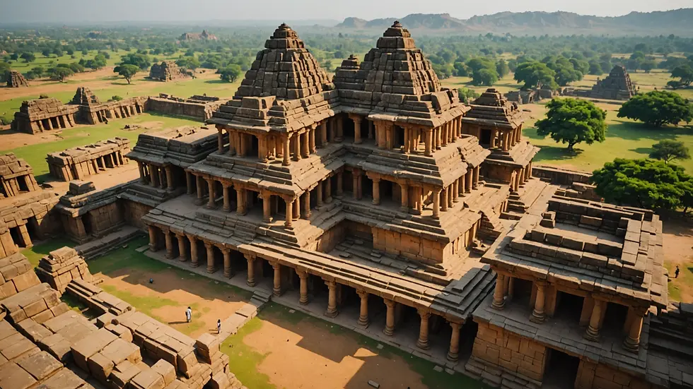 Wide angle view of the ancient ruins of Hampi