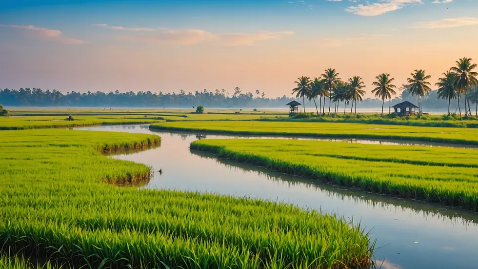 Eye-level view of the serene landscapes of Majuli Island