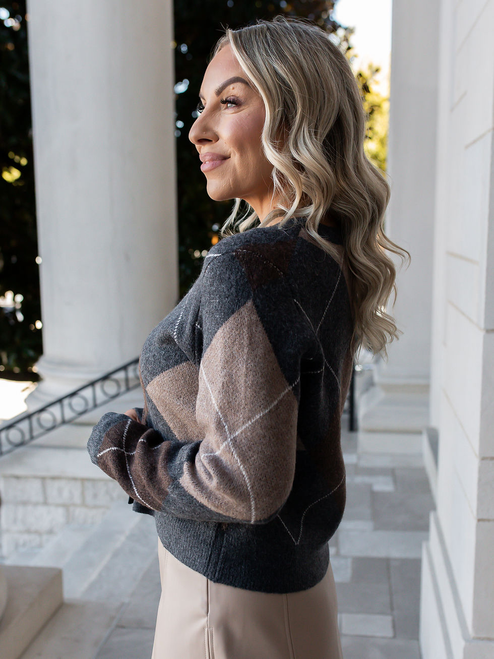 Medina Argyle Cardigan in charcoal heather featuring brown and taupe diamond pattern with button-front closure.