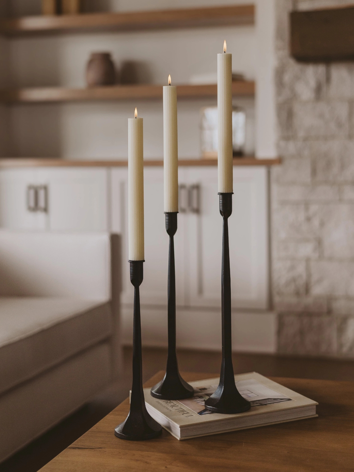 Set of 3 Fluted Taper Candles | White